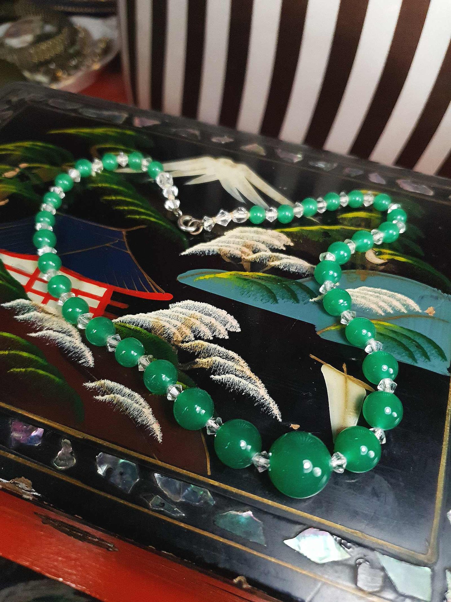 1920s Art Deco Vintage Green Glass Bead Necklace Graduated Antique Choker