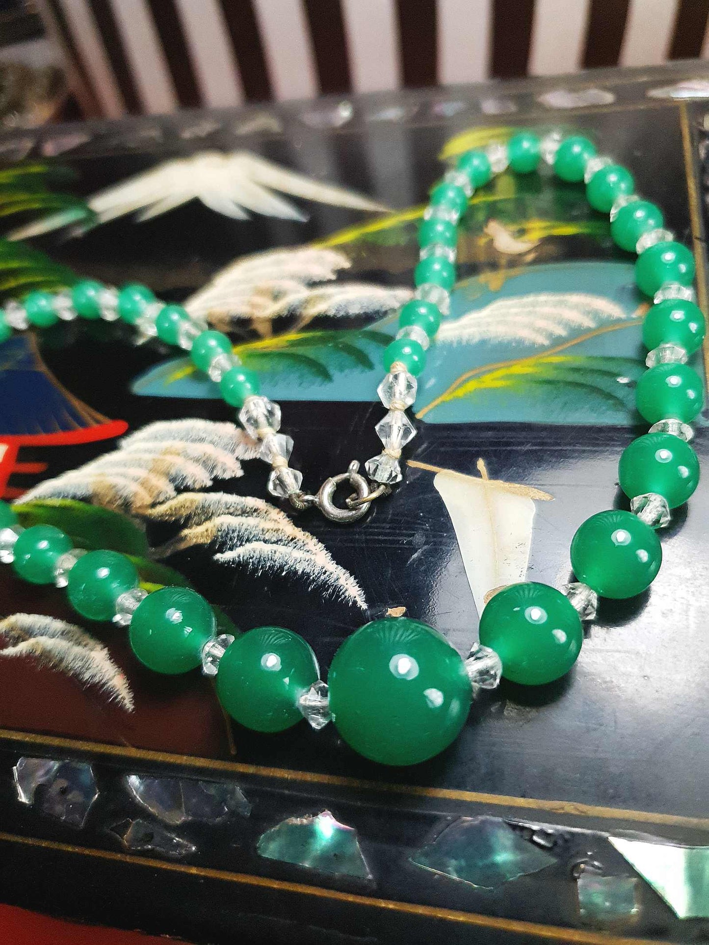 1920s Art Deco Vintage Green Glass Bead Necklace Graduated Antique Choker