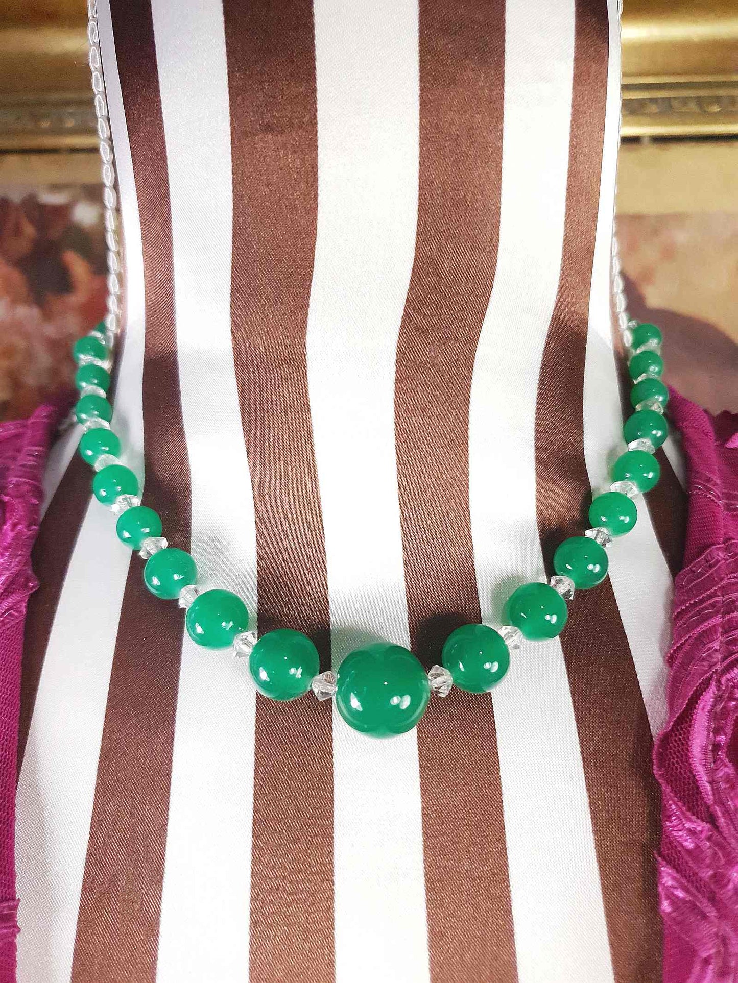1920s Art Deco Vintage Green Glass Bead Necklace Graduated Antique Choker