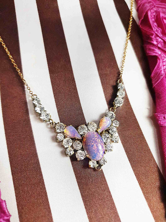 Art Deco Vintage 1930s Dragon's Breath Opal Necklace Paste Rhinestone