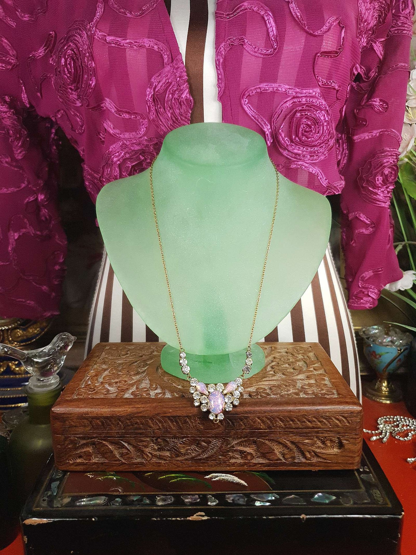 Art Deco Vintage Dragon's Breath Opal Necklace Paste Rhinestone 1930s