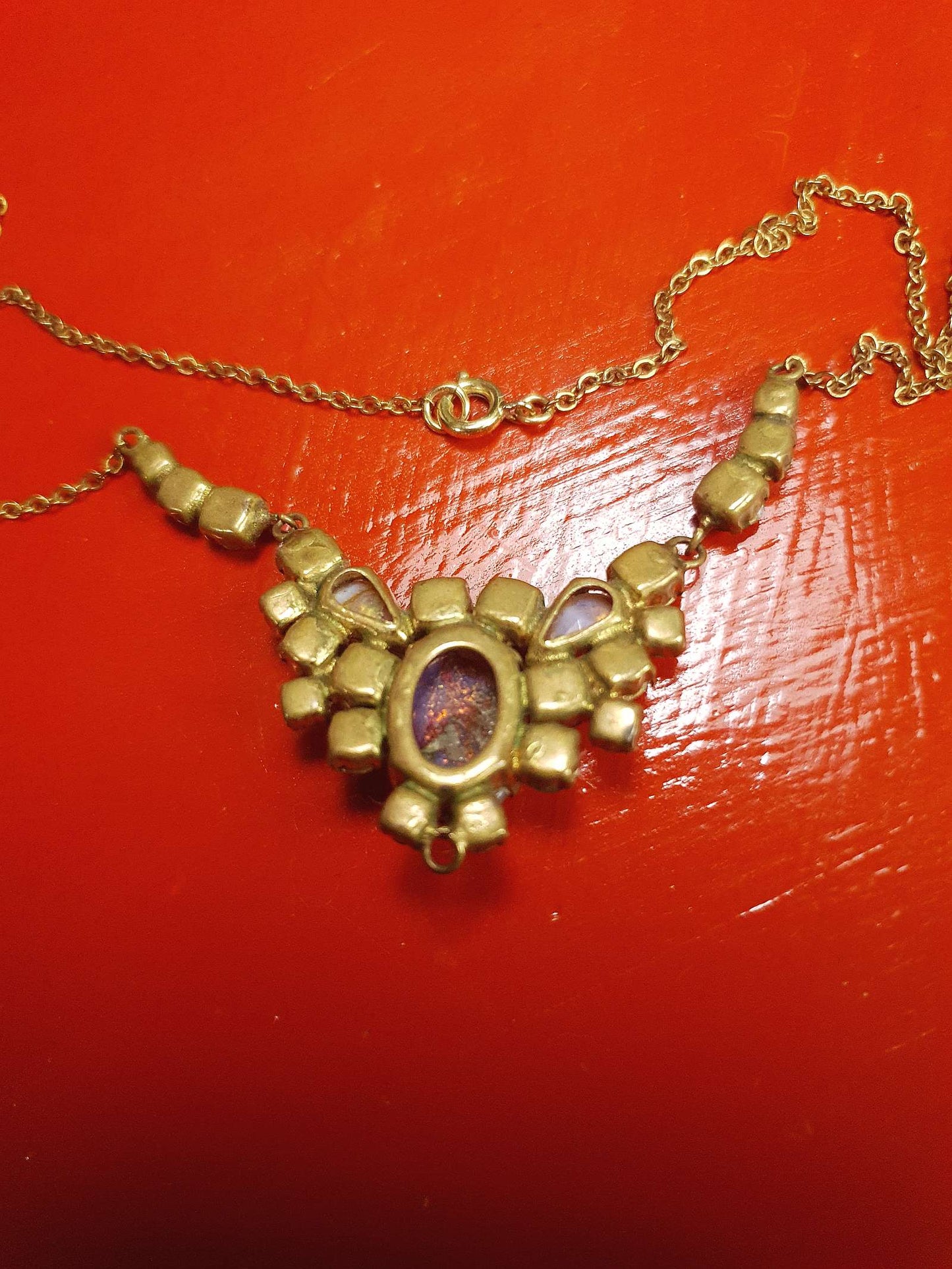 Art Deco Vintage Dragon's Breath Opal Necklace Paste Rhinestone 1930s