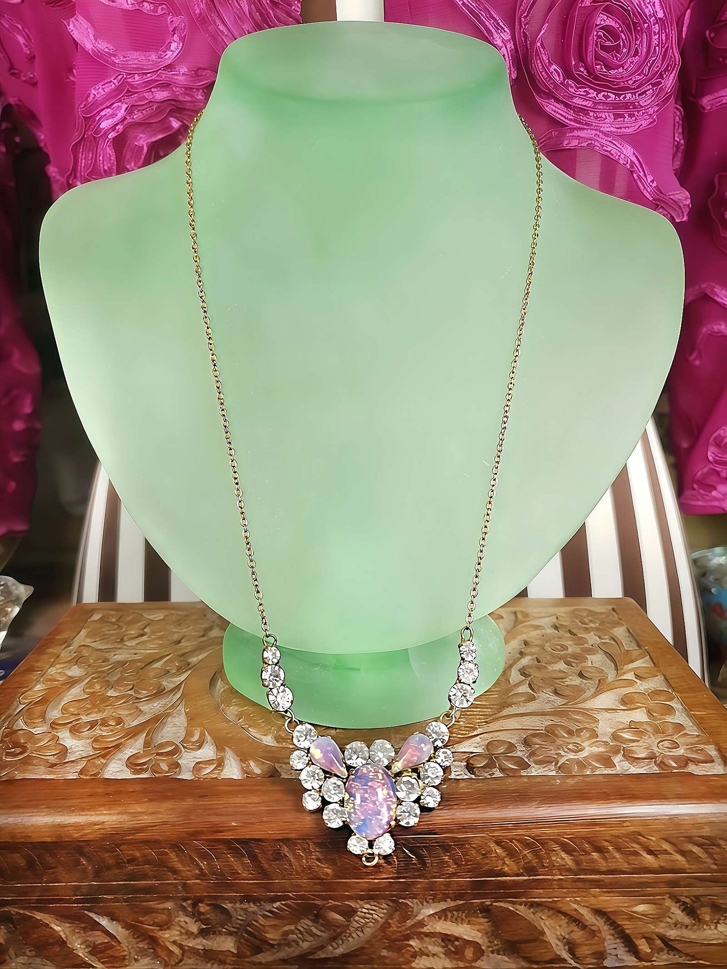 Art Deco Vintage Dragon's Breath Opal Necklace Paste Rhinestone 1930s