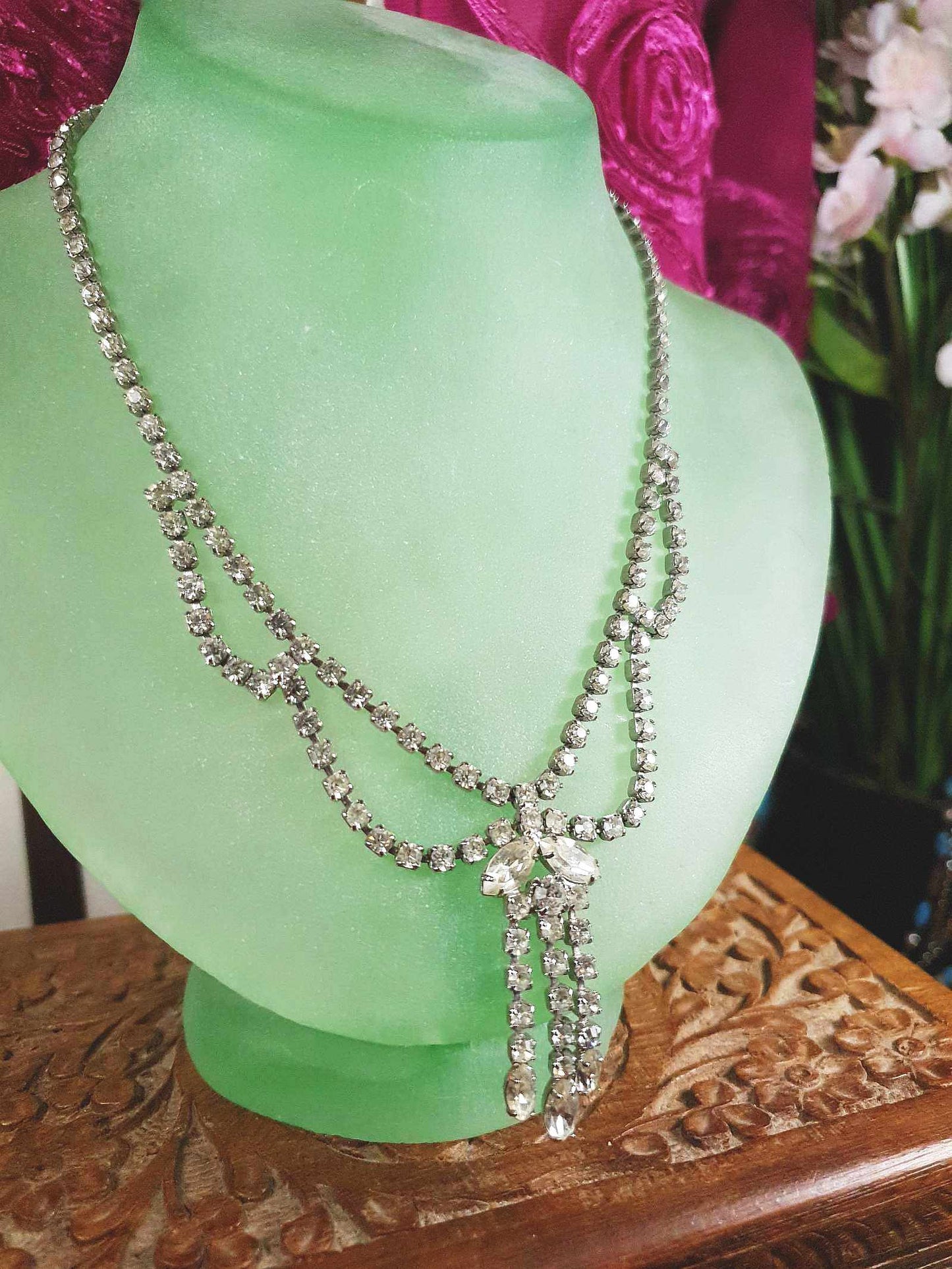 Vintage Rhinestone Necklace Choker 16" 1950s Clear Glass Diamante - Mid-Century