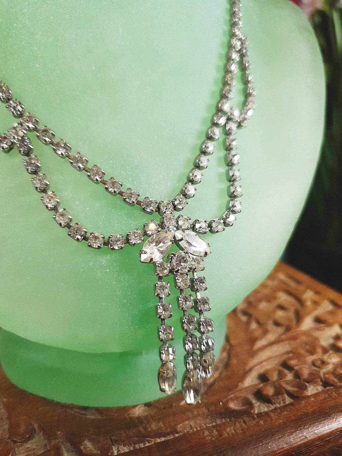 Vintage Rhinestone Necklace Choker 16" 1950s Clear Glass Diamante - Mid-Century