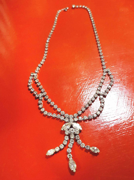 Vintage Rhinestone Necklace Choker 16" 1950s Clear Glass Diamante - Mid-Century
