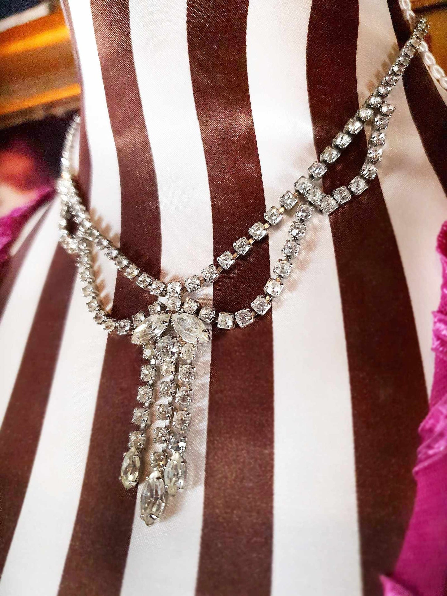 Vintage Rhinestone Necklace Choker 16" 1950s Clear Glass Diamante - Mid-Century