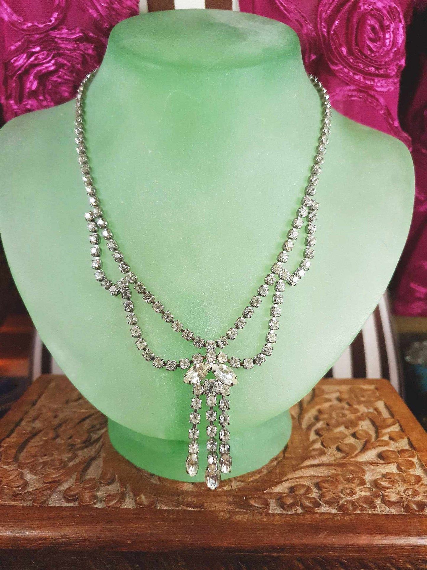 Vintage Rhinestone Necklace Choker 16" 1950s Clear Glass Diamante - Mid-Century