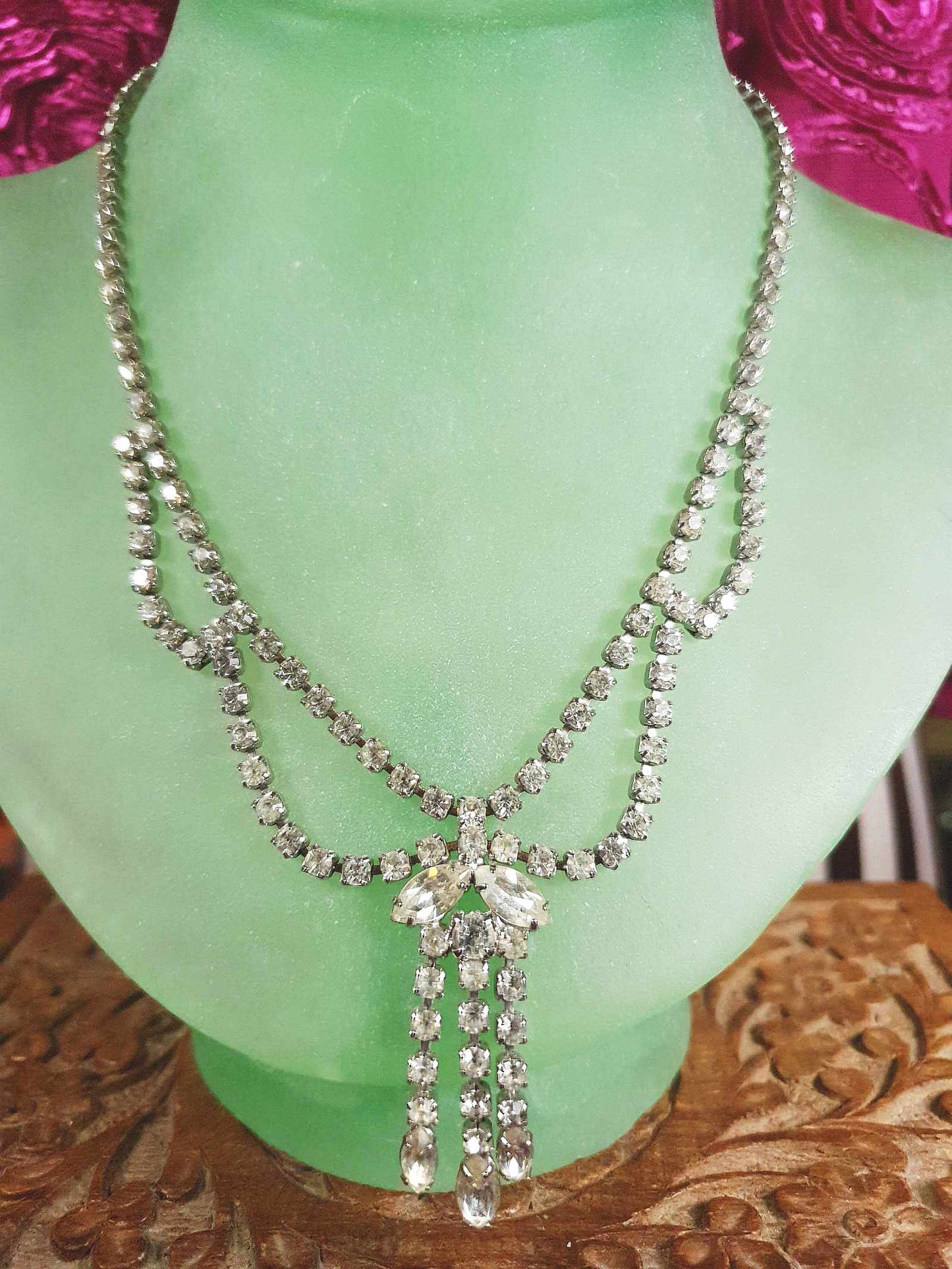 Vintage Rhinestone Necklace Choker 16" 1950s Clear Glass Diamante - Mid-Century