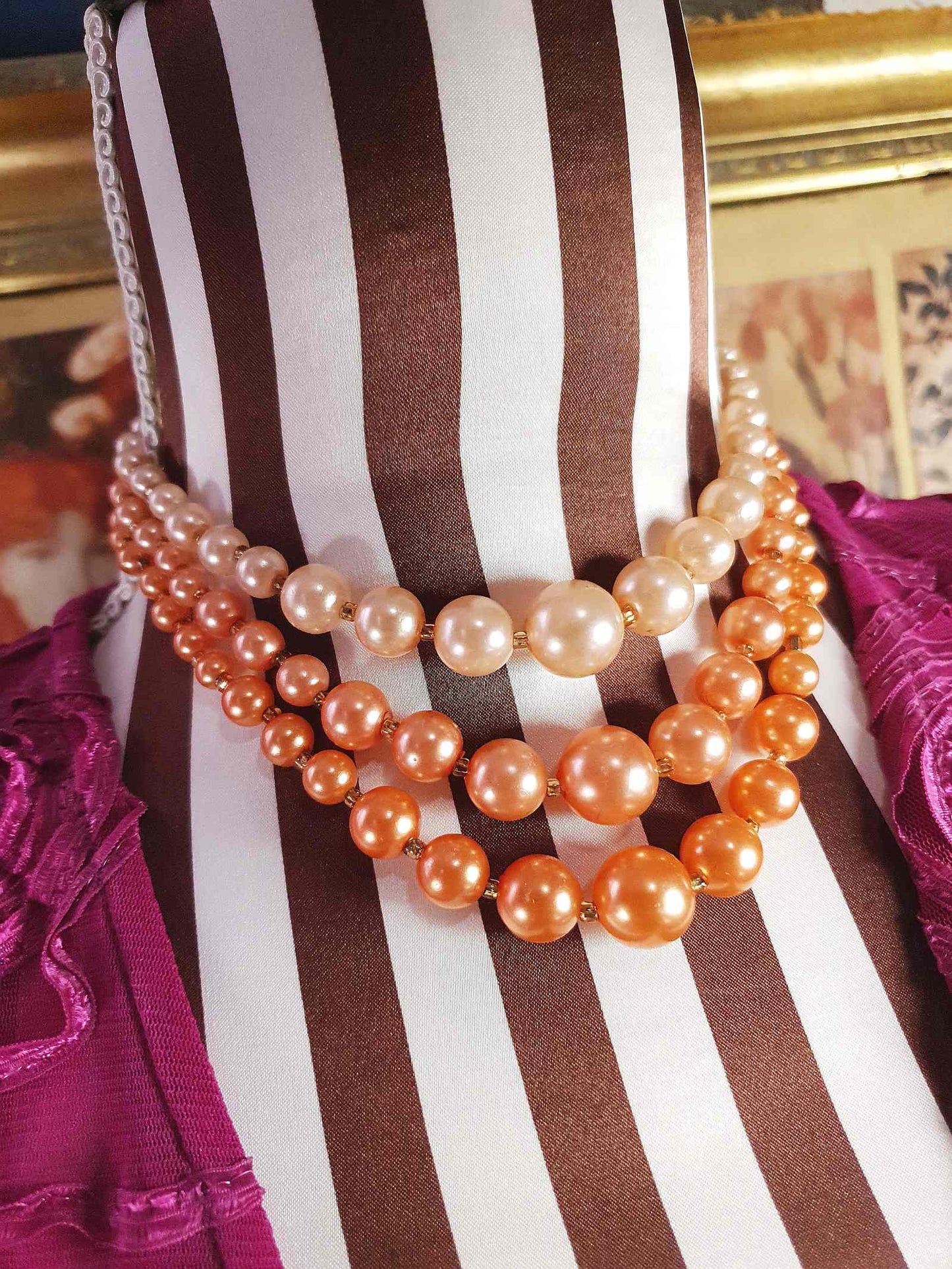 1950s Vintage Orange Faux Pearl Necklace Choker 16" Three Strand Mid-Century - Hong Kong Signed