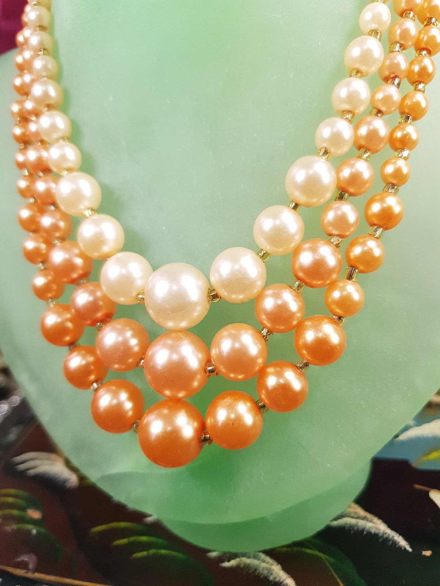 1950s Vintage Orange Faux Pearl Necklace Choker 16" Three Strand Mid-Century - Hong Kong Signed