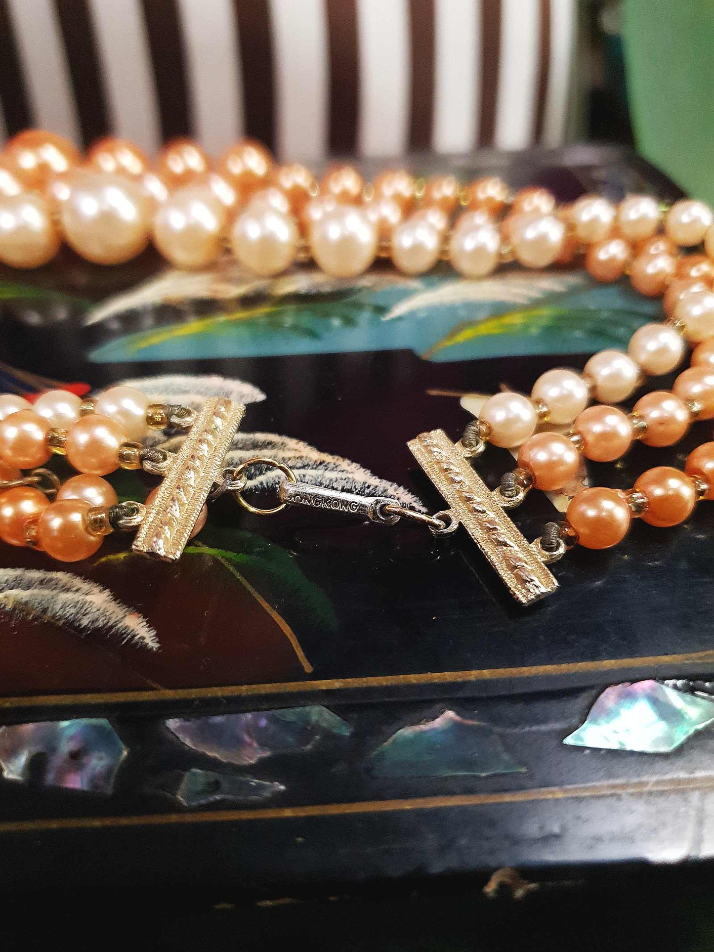 1950s Vintage Orange Faux Pearl Necklace Choker 16" Three Strand Mid-Century - Hong Kong Signed