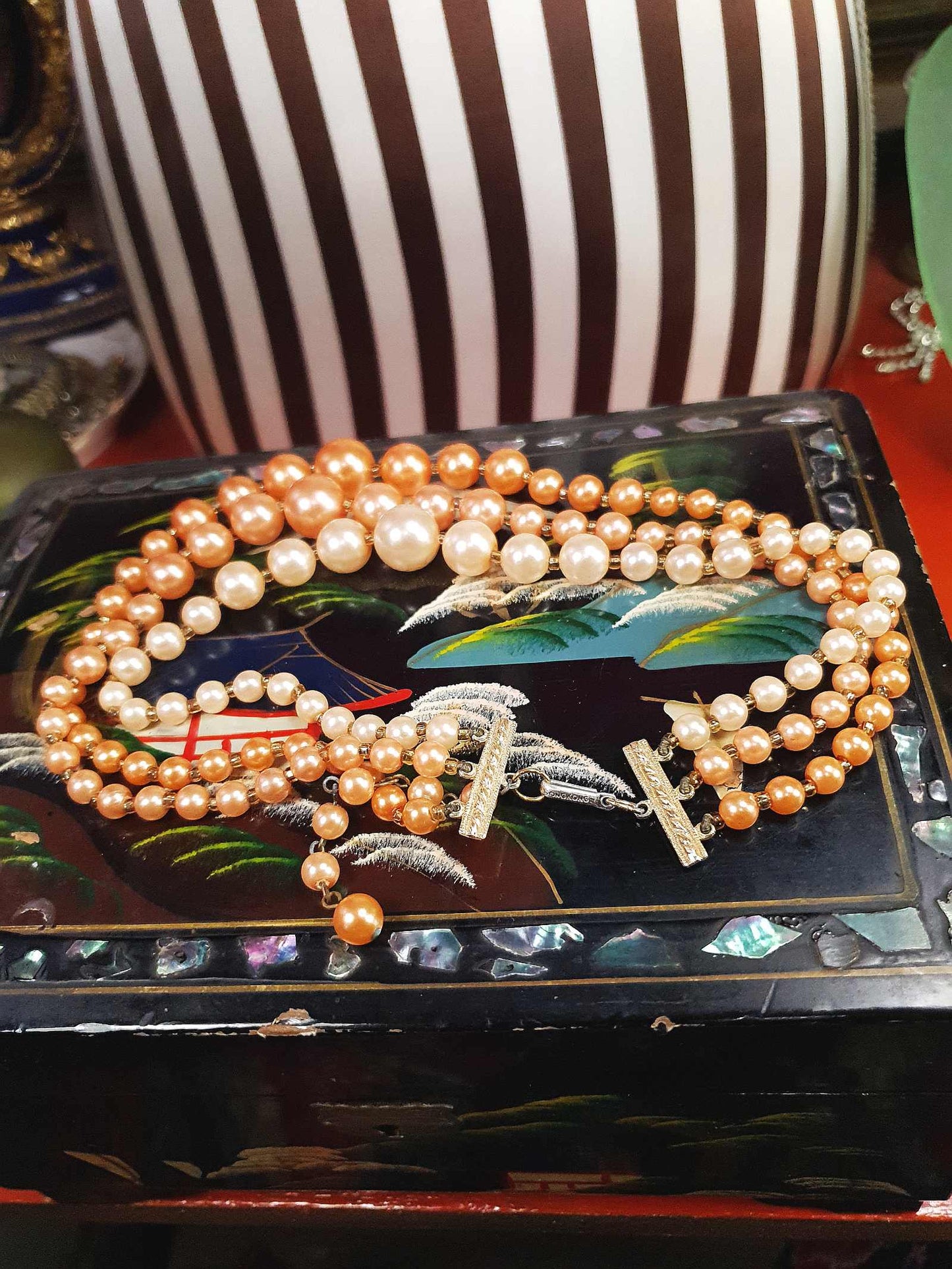 1950s Vintage Orange Faux Pearl Necklace Choker 16" Three Strand Mid-Century - Hong Kong Signed