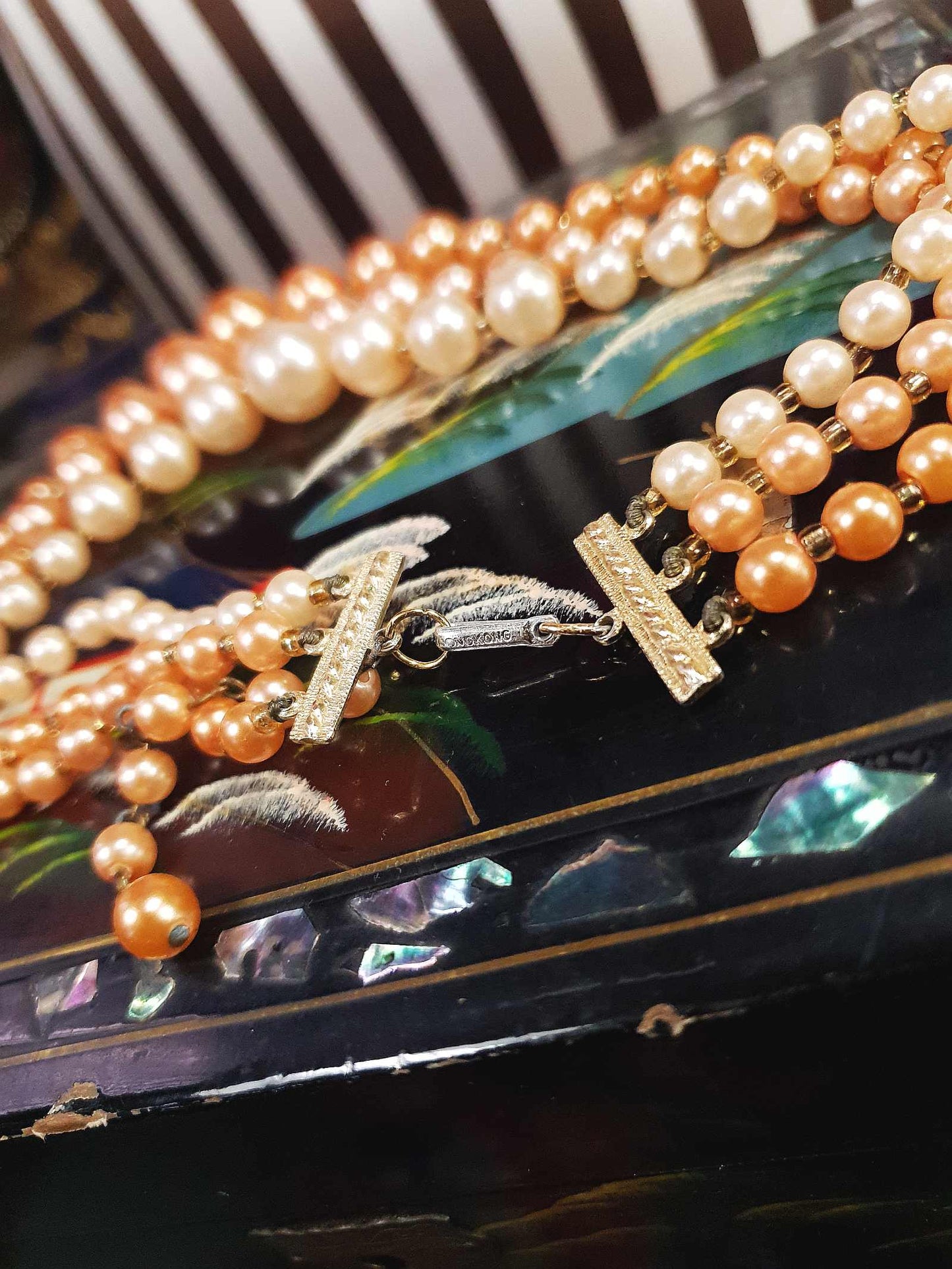 1950s Vintage Orange Faux Pearl Necklace Choker 16" Three Strand Mid-Century - Hong Kong Signed