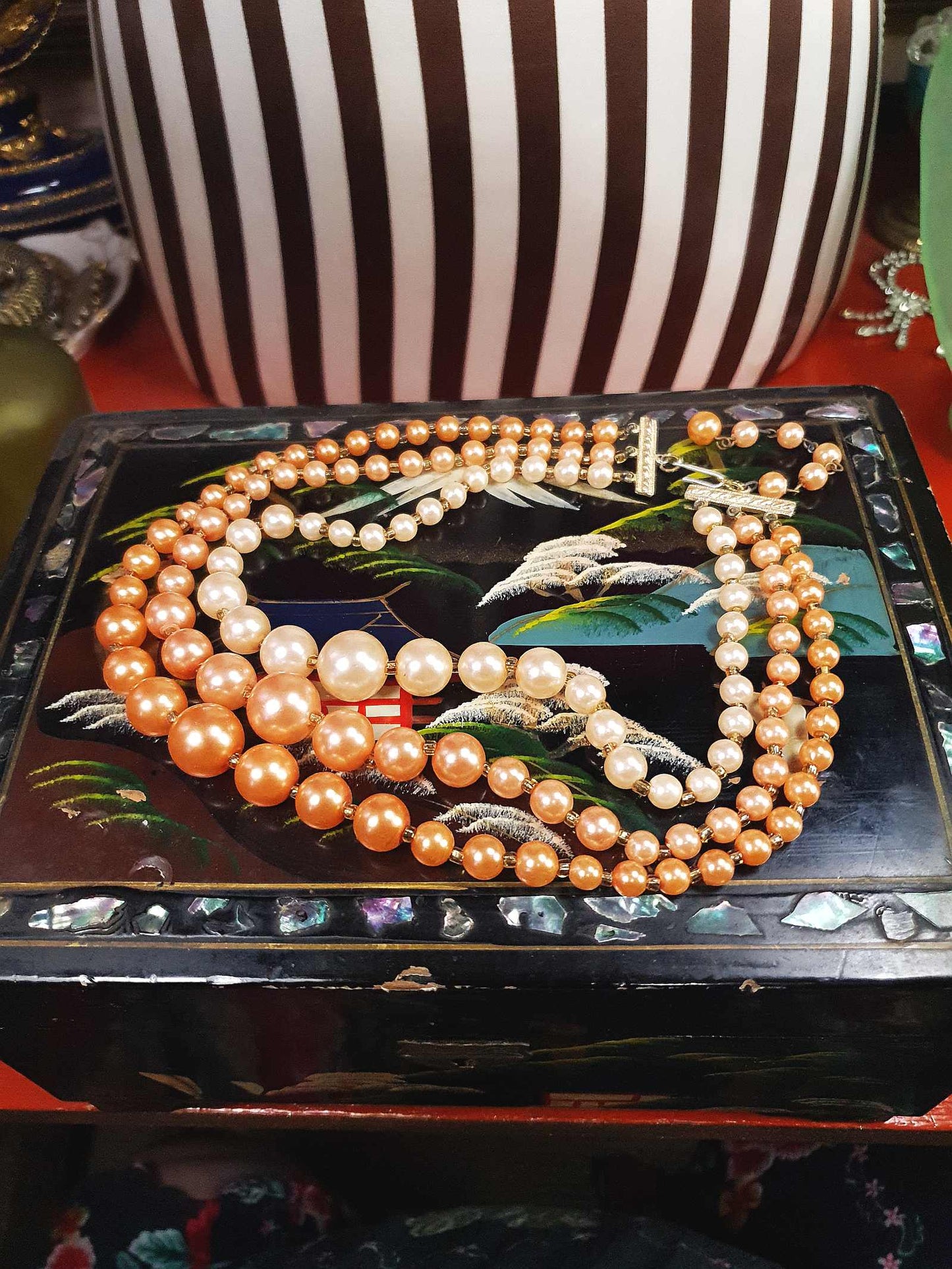 1950s Vintage Orange Faux Pearl Necklace Choker 16" Three Strand Mid-Century - Hong Kong Signed