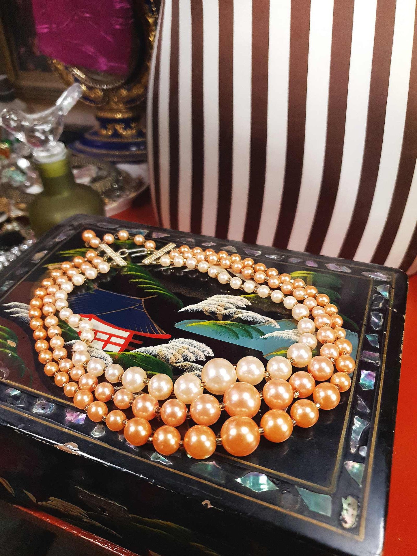 1950s Vintage Orange Faux Pearl Necklace Choker 16" Three Strand Mid-Century - Hong Kong Signed