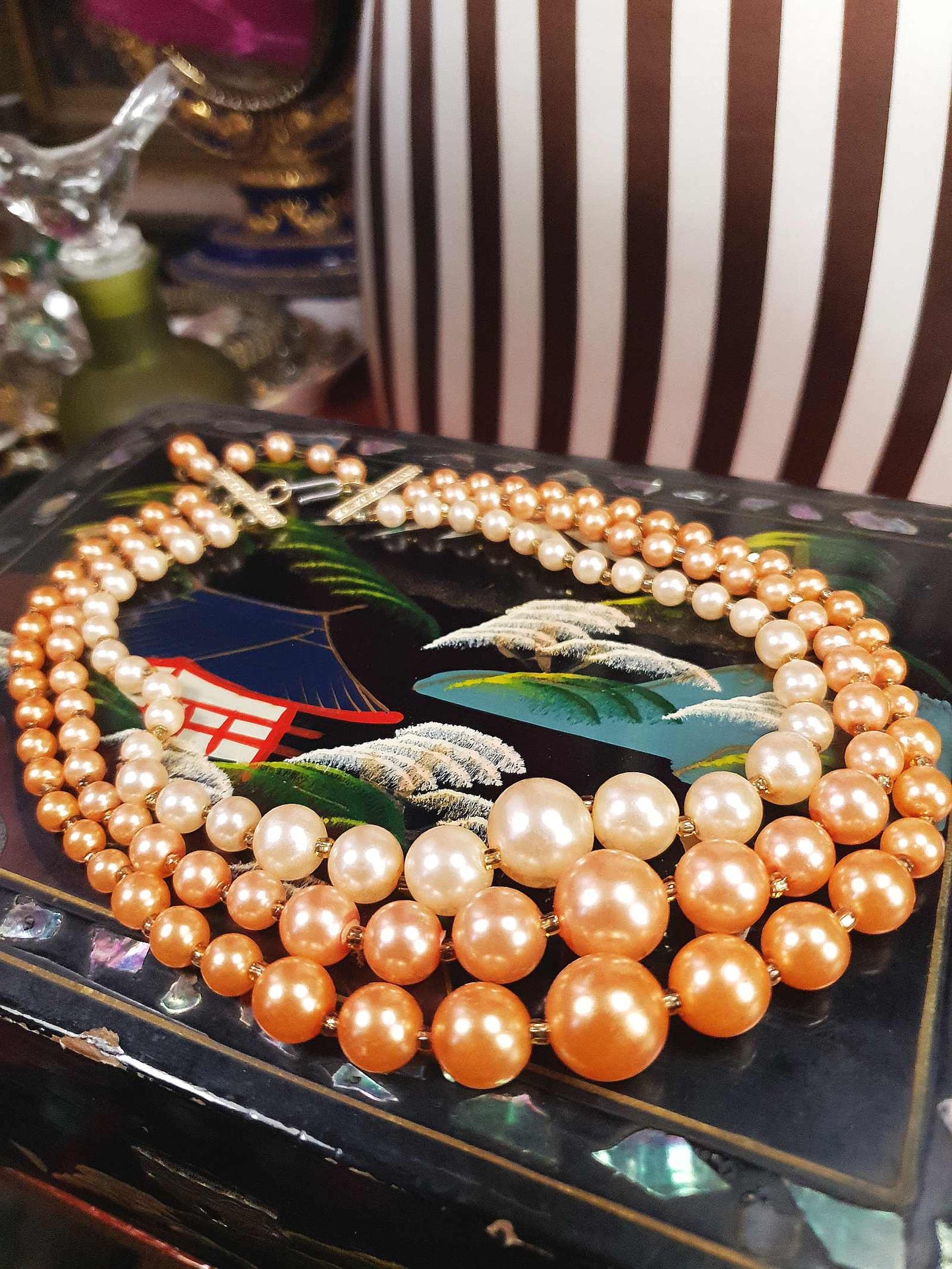1950s Vintage Orange Faux Pearl Necklace Choker 16" Three Strand Mid-Century - Hong Kong Signed