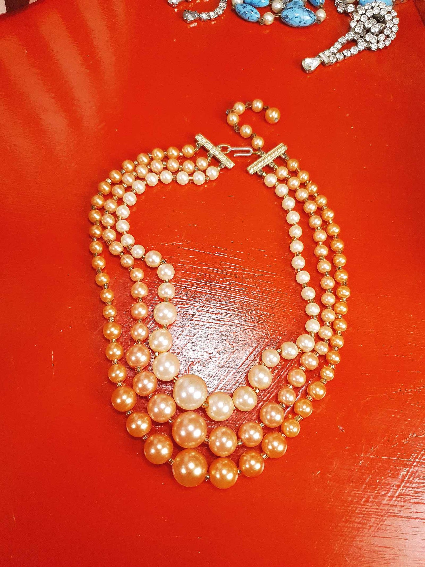 1950s Vintage Orange Faux Pearl Necklace Choker 16" Three Strand Mid-Century - Hong Kong Signed
