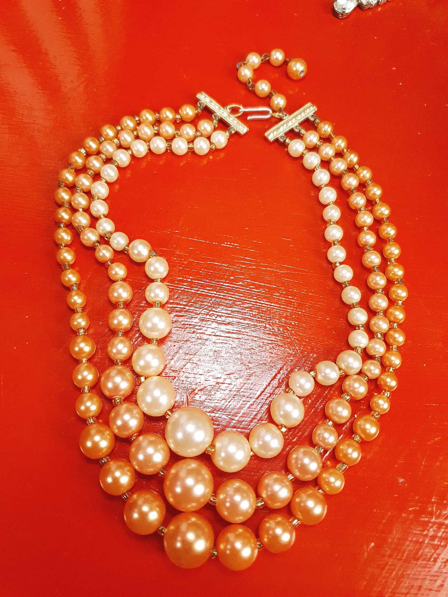 1950s Vintage Orange Faux Pearl Necklace Choker 16" Three Strand Mid-Century - Hong Kong Signed