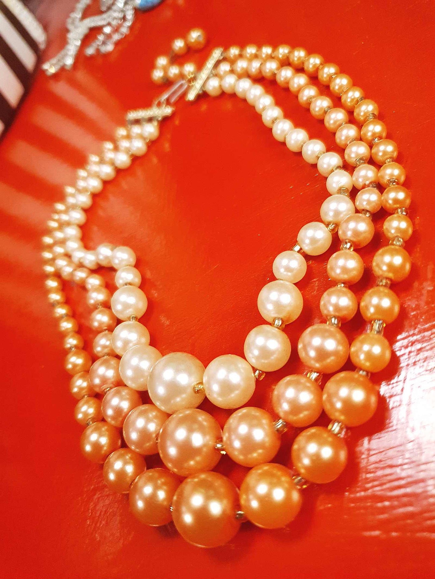 1950s Vintage Orange Faux Pearl Necklace Choker 16" Three Strand Mid-Century - Hong Kong Signed