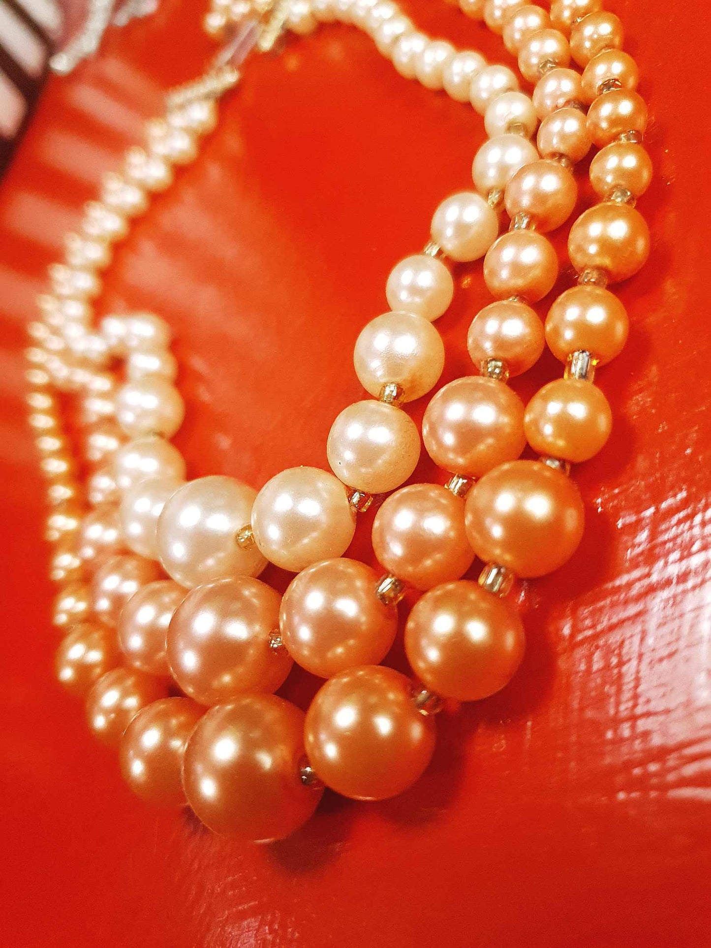 1950s Vintage Orange Faux Pearl Necklace Choker 16" Three Strand Mid-Century - Hong Kong Signed