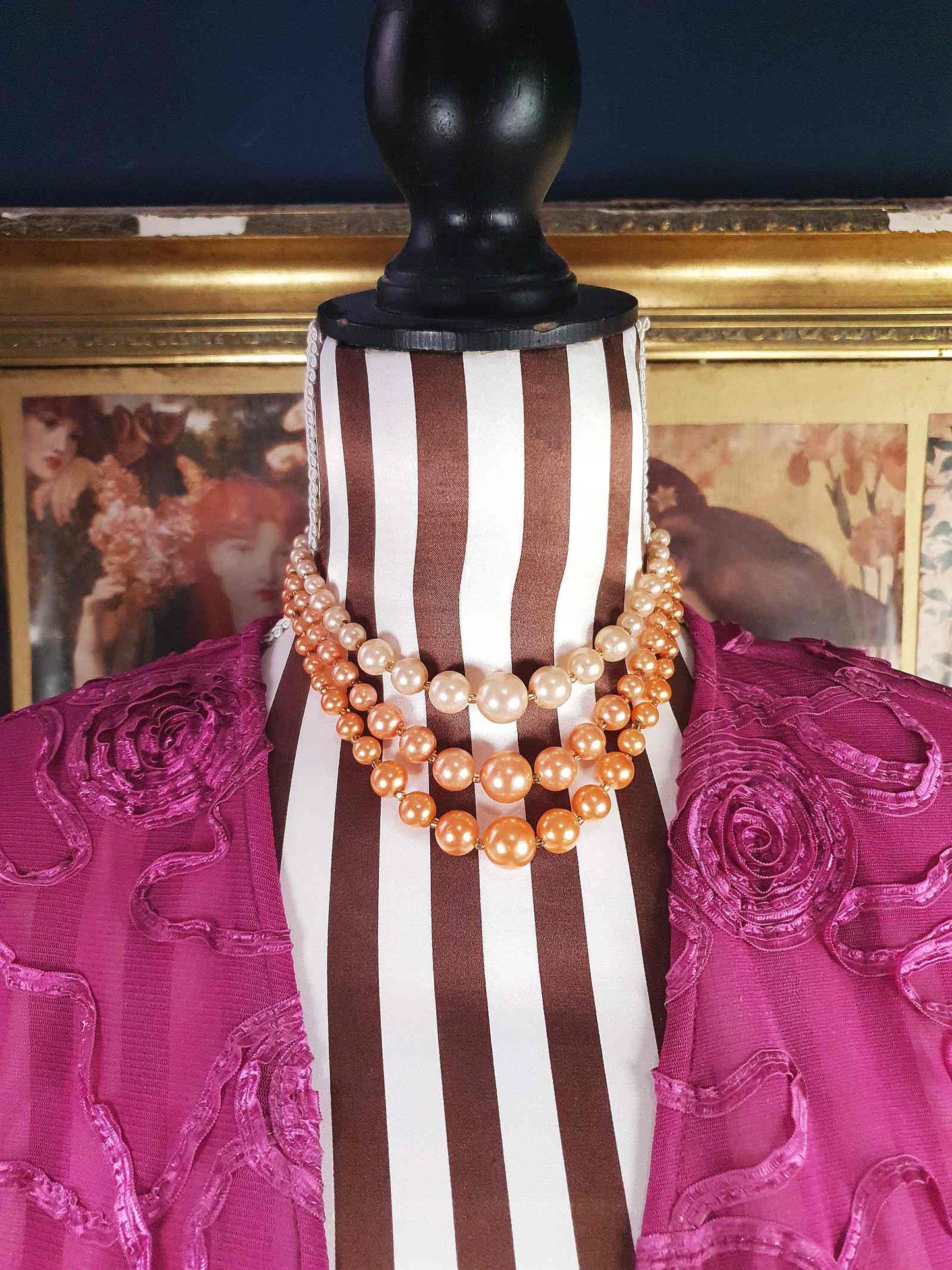 1950s Vintage Orange Faux Pearl Necklace Choker 16" Three Strand Mid-Century - Hong Kong Signed