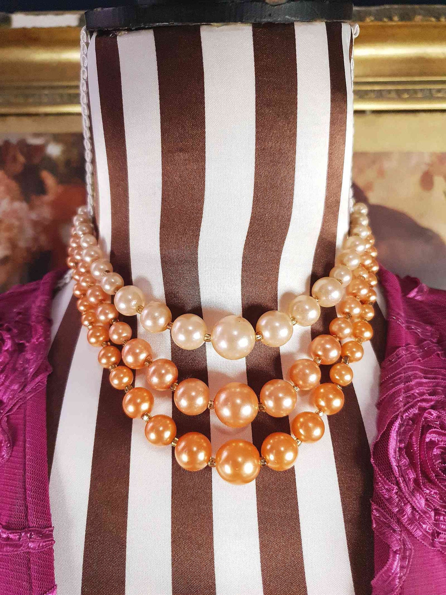 1950s Vintage Orange Faux Pearl Necklace Choker 16" Three Strand Mid-Century - Hong Kong Signed