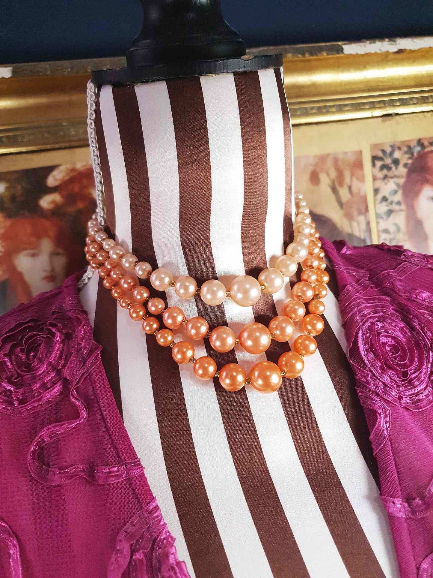 1950s Vintage Orange Faux Pearl Necklace Choker 16" Three Strand Mid-Century - Hong Kong Signed