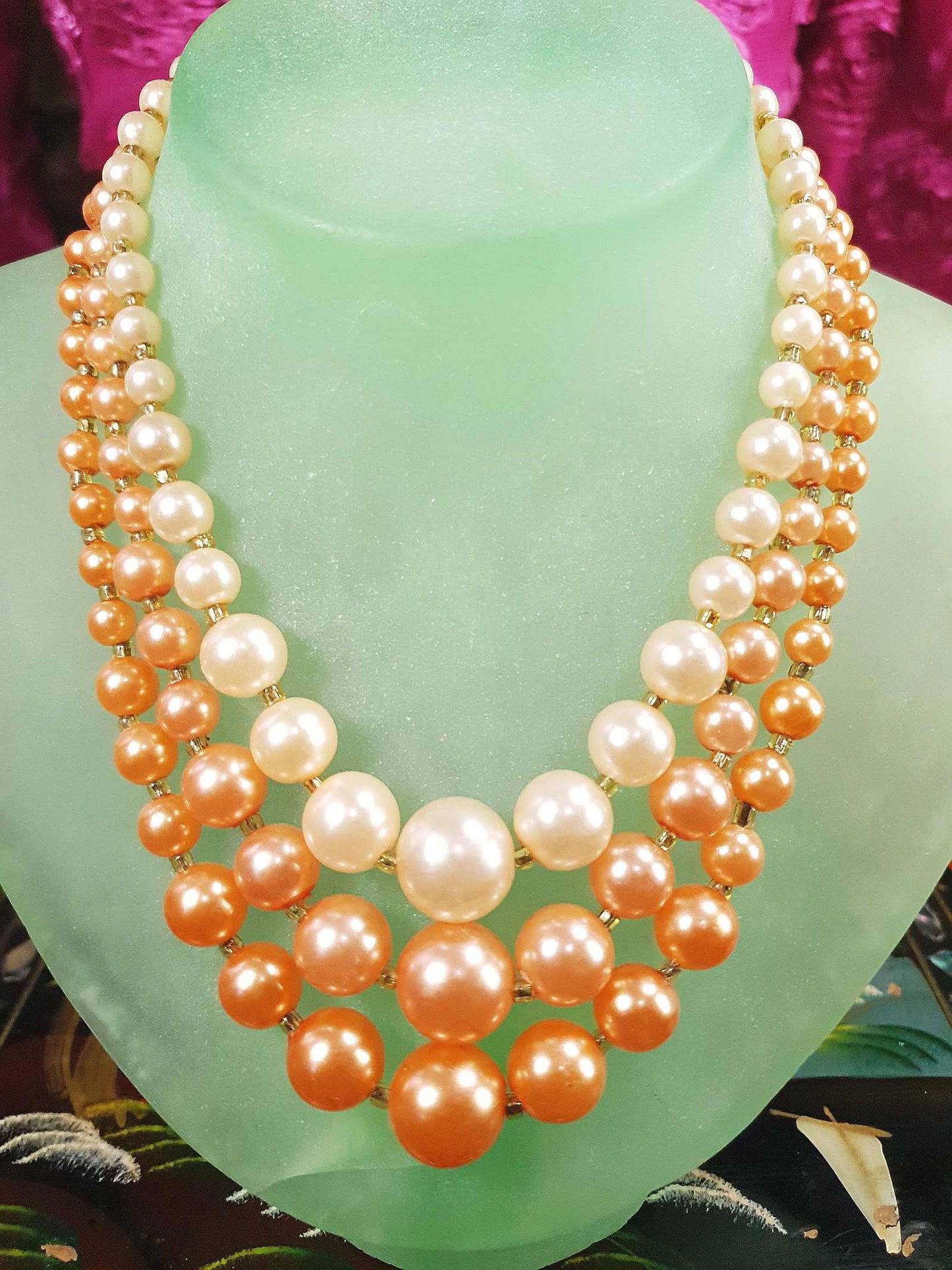 1950s Vintage Orange Faux Pearl Necklace Choker 16" Three Strand Mid-Century - Hong Kong Signed