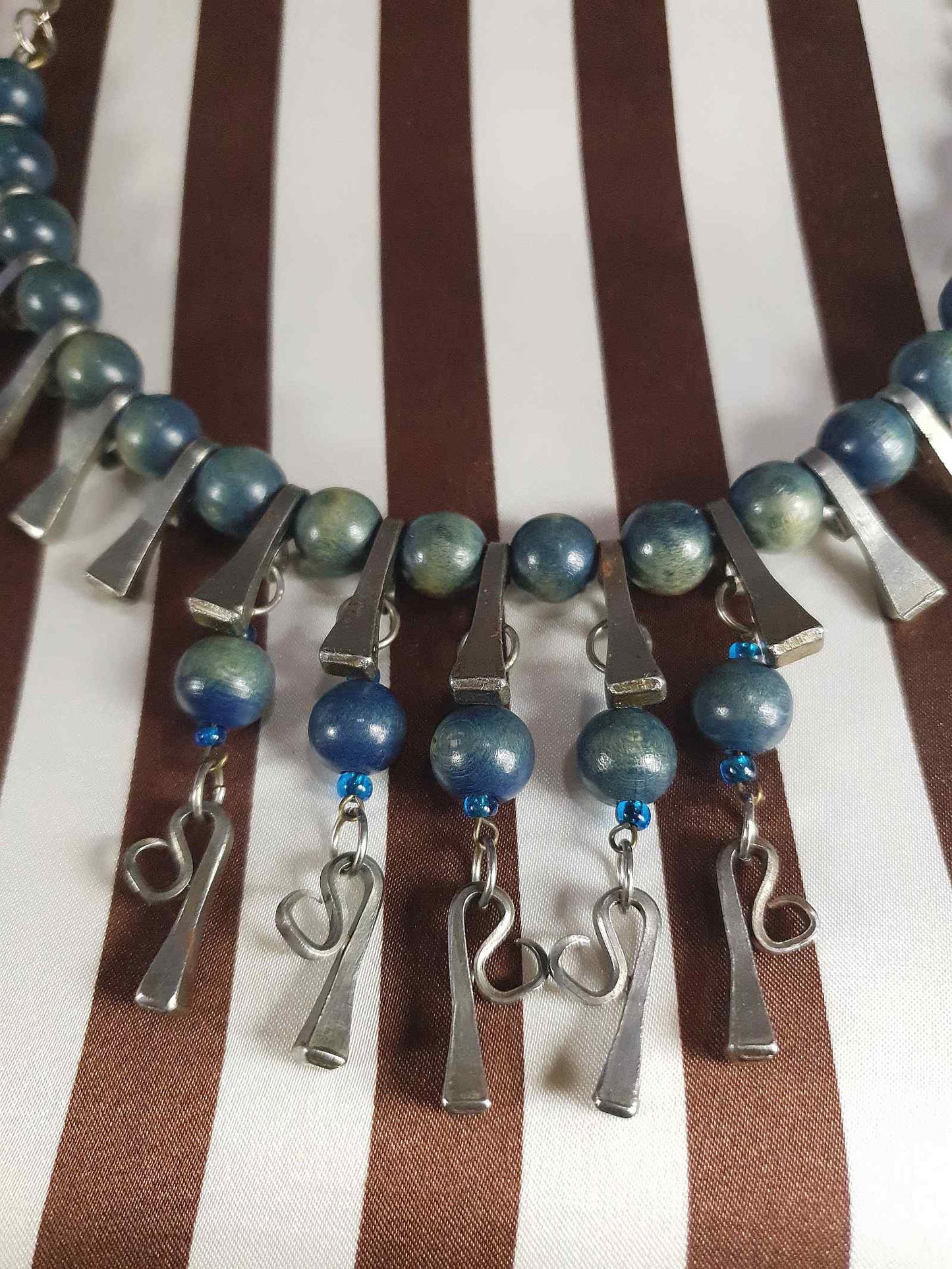 1950s Vintage Blue Bead Pewter Modernist Necklace 20" Brutalist Mid-Century Artisan