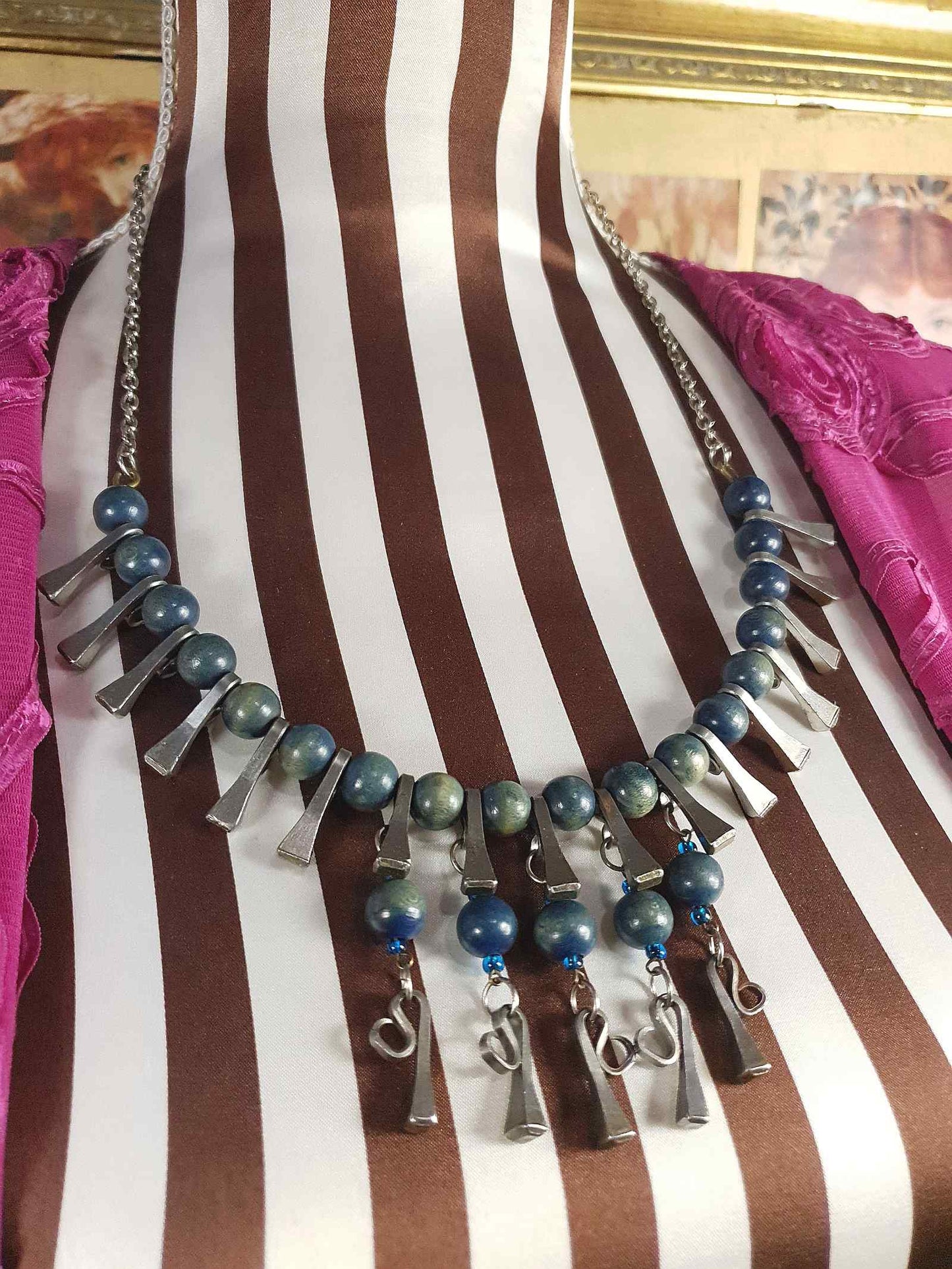 1950s Vintage Blue Bead Pewter Modernist Necklace 20" Brutalist Mid-Century Artisan
