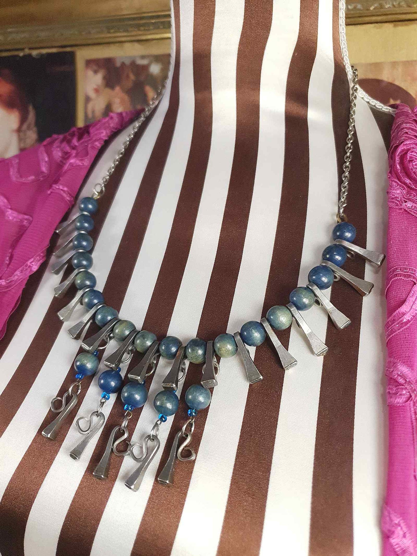 1950s Vintage Blue Bead Pewter Modernist Necklace 20" Brutalist Mid-Century Artisan