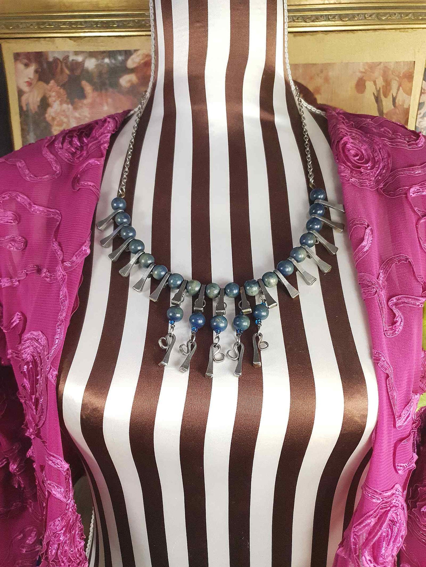 1950s Vintage Blue Bead Pewter Modernist Necklace 20" Brutalist Mid-Century Artisan