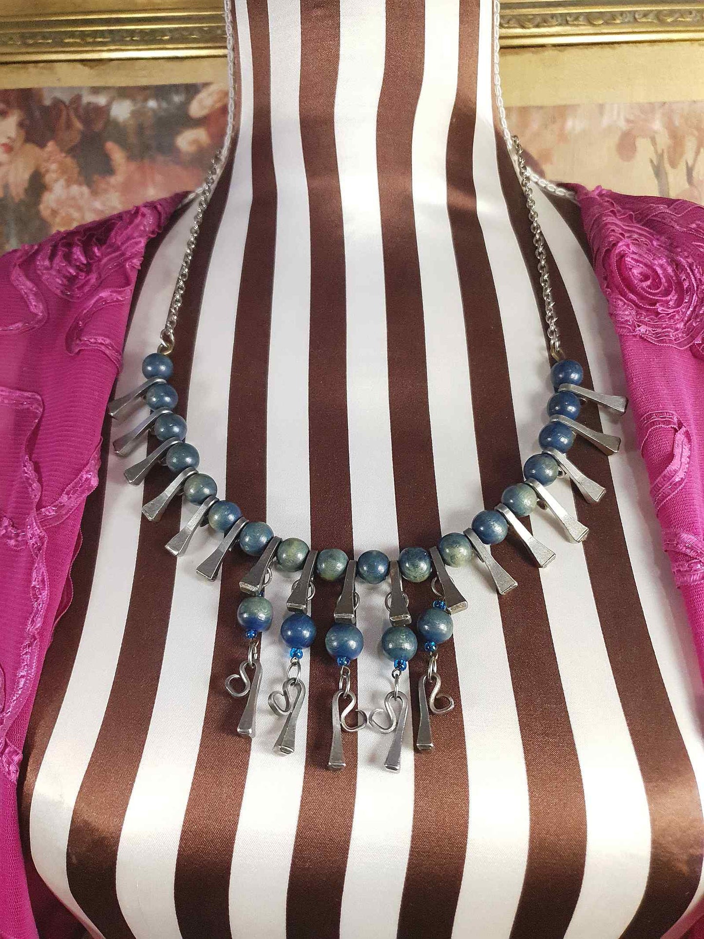 1950s Vintage Blue Bead Pewter Modernist Necklace 20" Brutalist Mid-Century Artisan