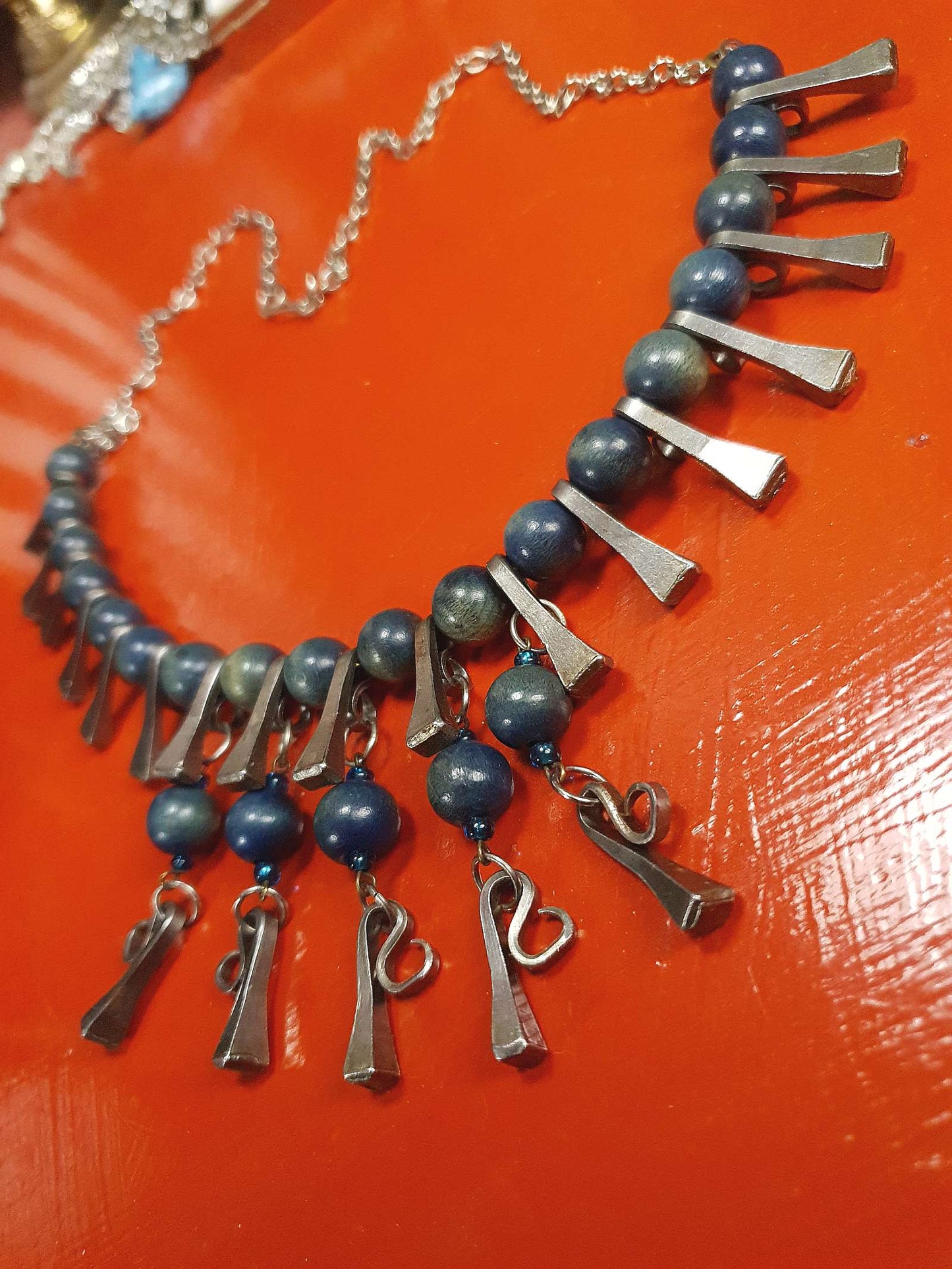 1950s Vintage Blue Bead Pewter Modernist Necklace 20" Brutalist Mid-Century Artisan