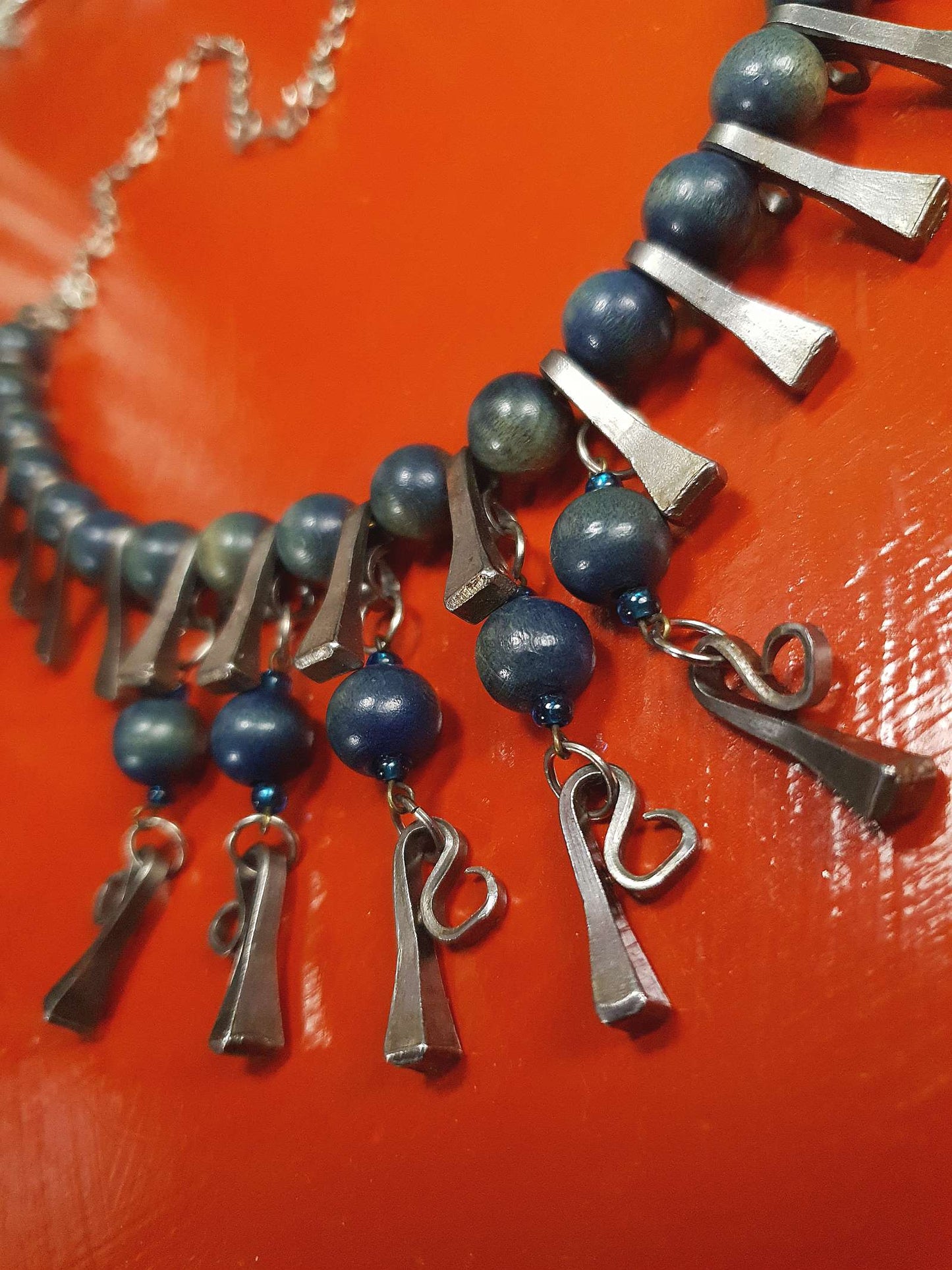 1950s Vintage Blue Bead Pewter Modernist Necklace 20" Brutalist Mid-Century Artisan
