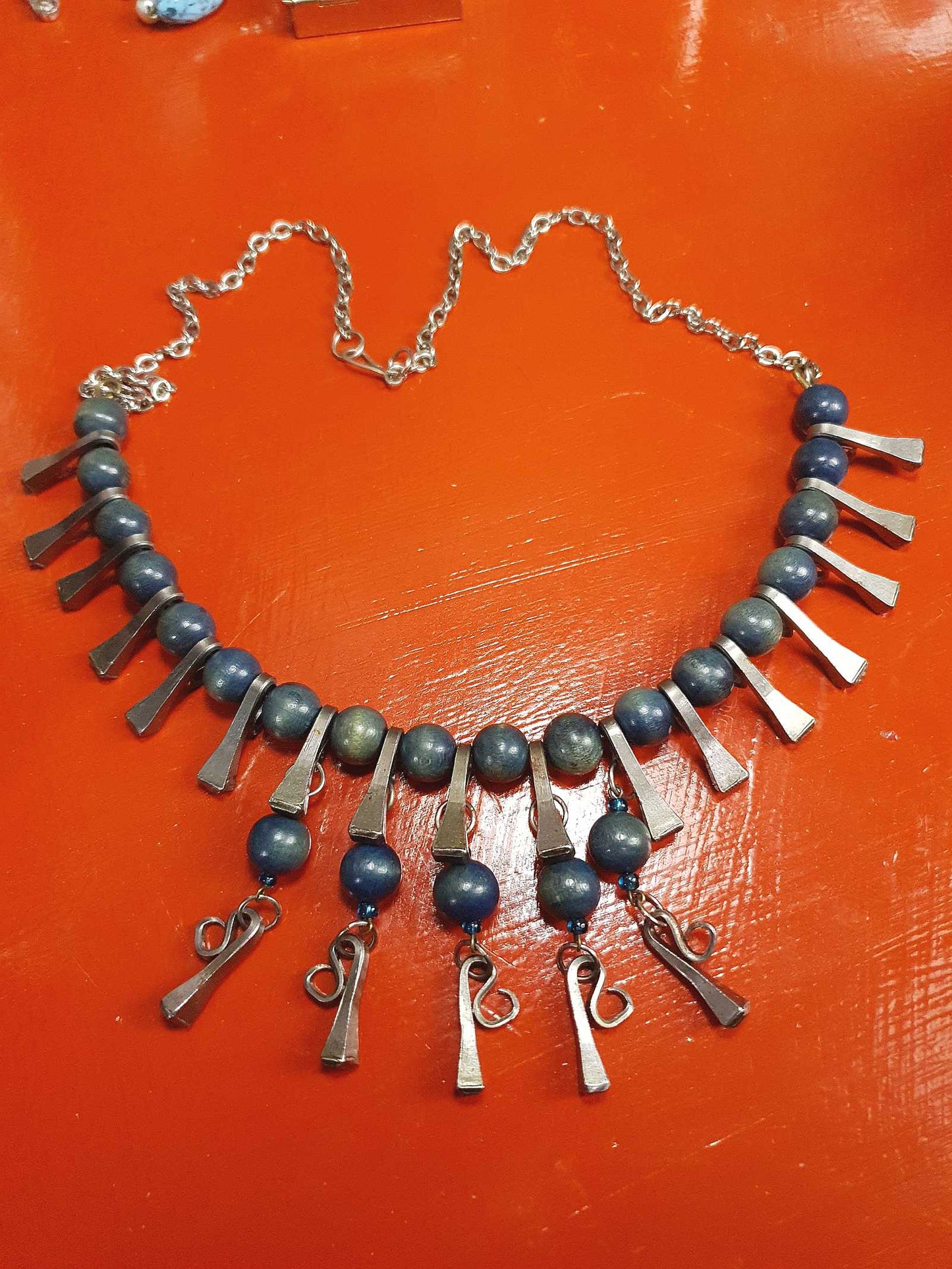 1950s Vintage Blue Bead Pewter Modernist Necklace 20" Brutalist Mid-Century Artisan