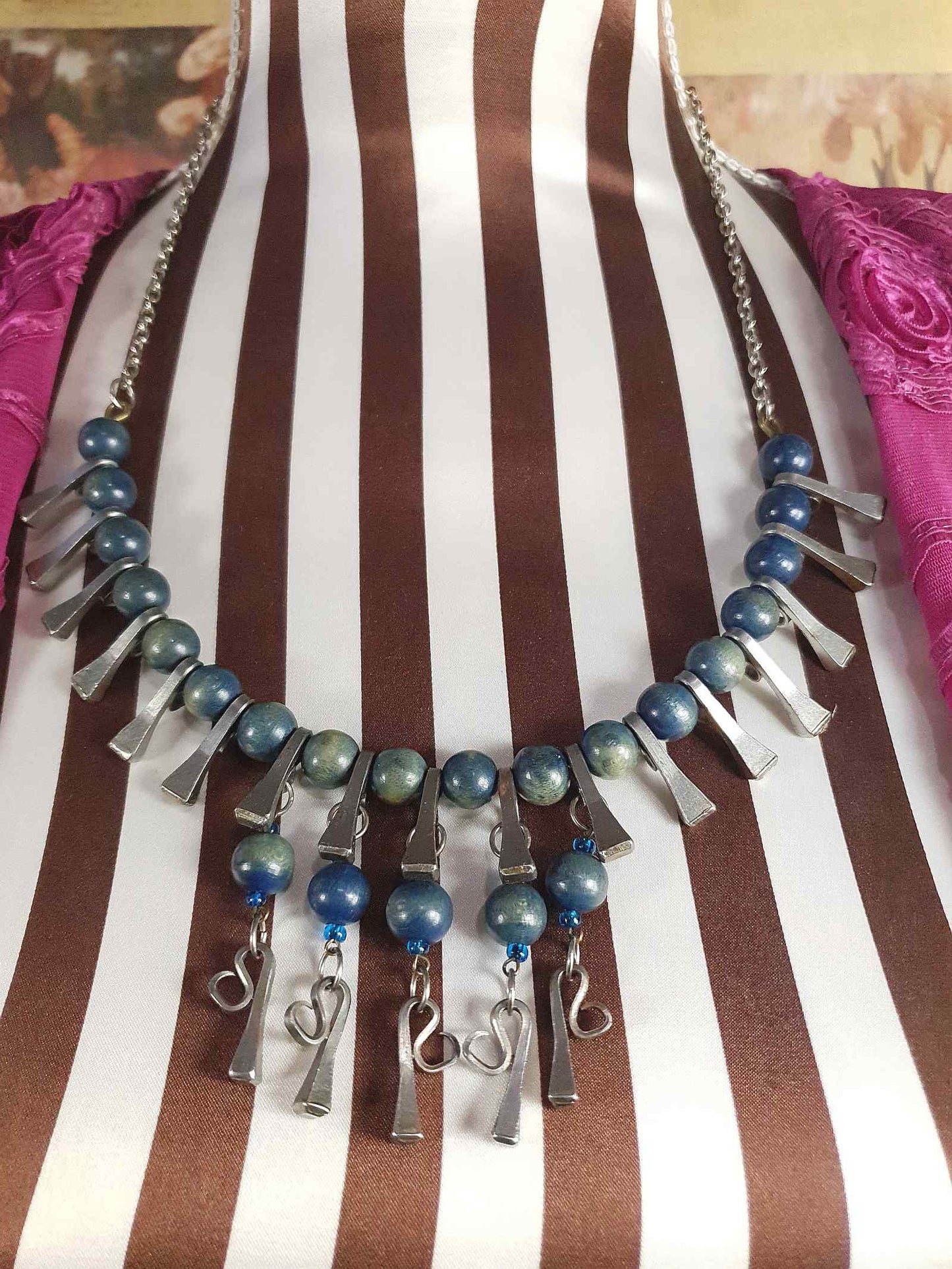 1950s Vintage Blue Bead Pewter Modernist Necklace 20" Brutalist Mid-Century Artisan