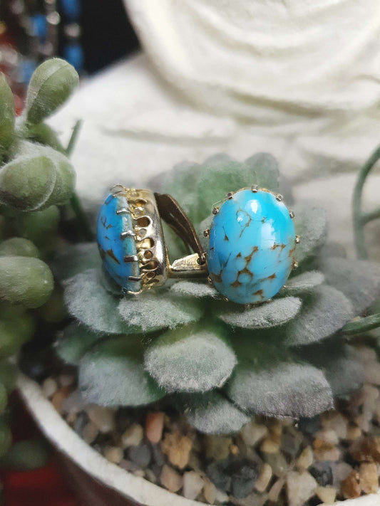 1950s Vintage Blue Ceramic Marbled Earrings Mid-Century Clip-On