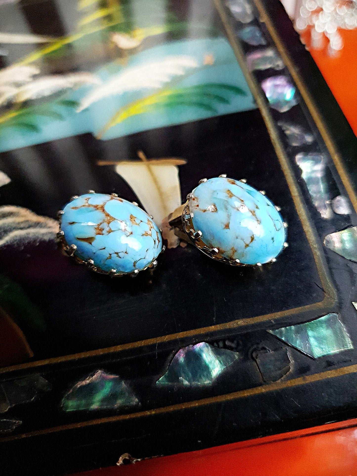 1950s Vintage Blue Ceramic Marbled Earrings Mid-Century Clip-On