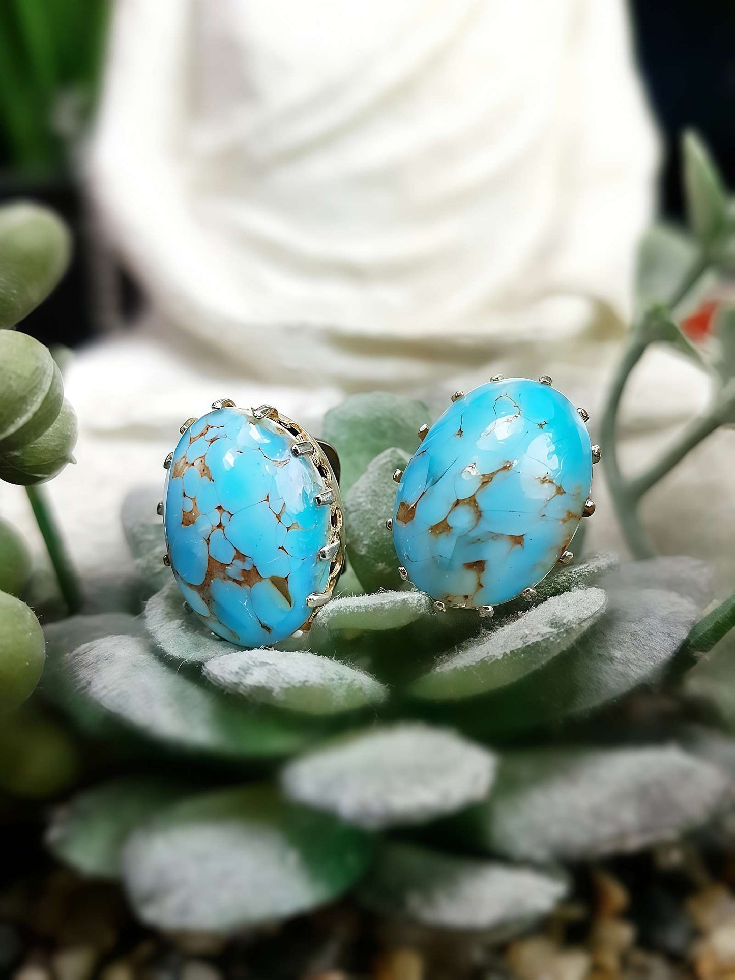 1950s Vintage Blue Ceramic Marbled Earrings Mid-Century Clip-On