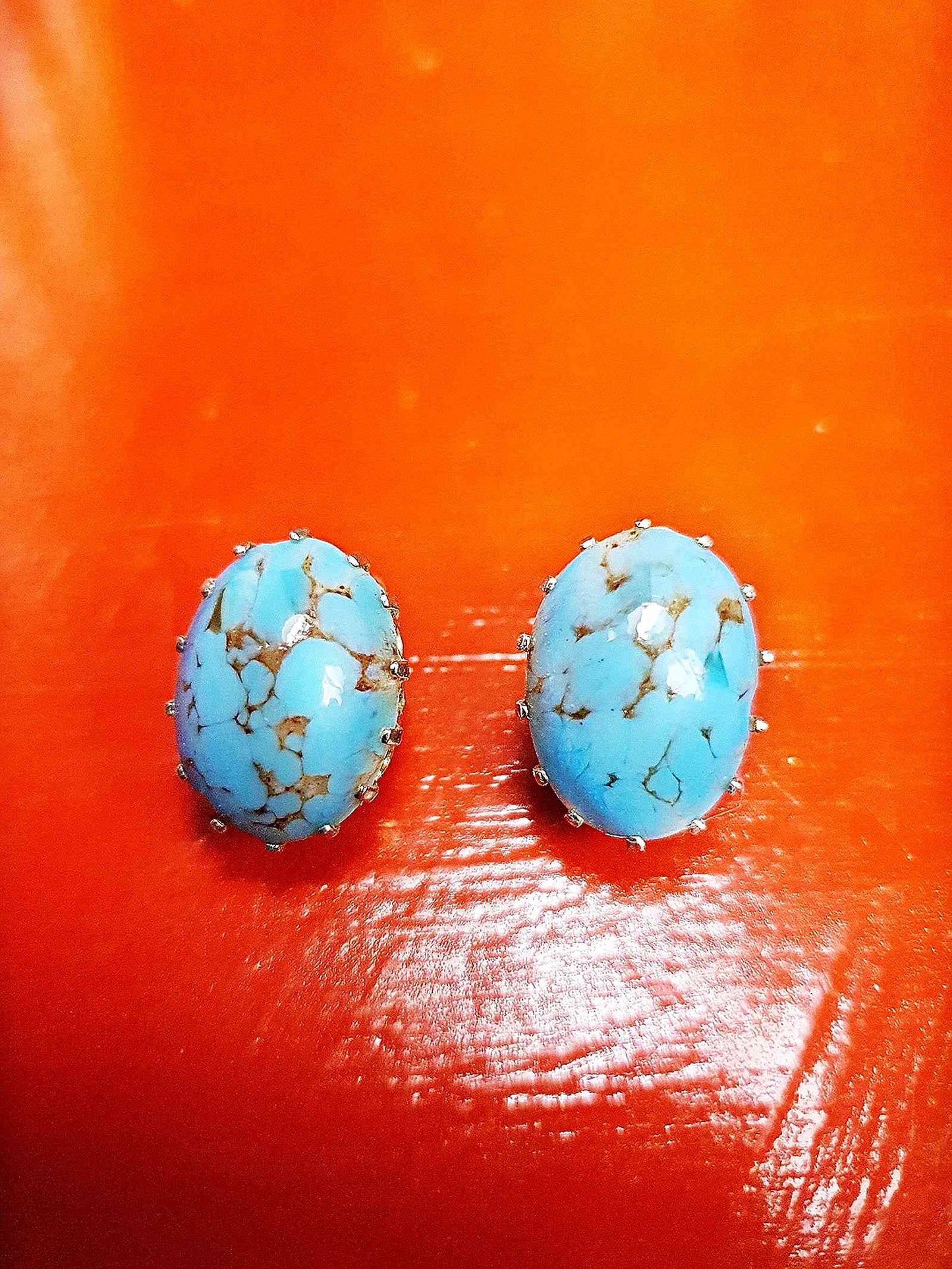 1950s Vintage Blue Ceramic Marbled Earrings Mid-Century Clip-On