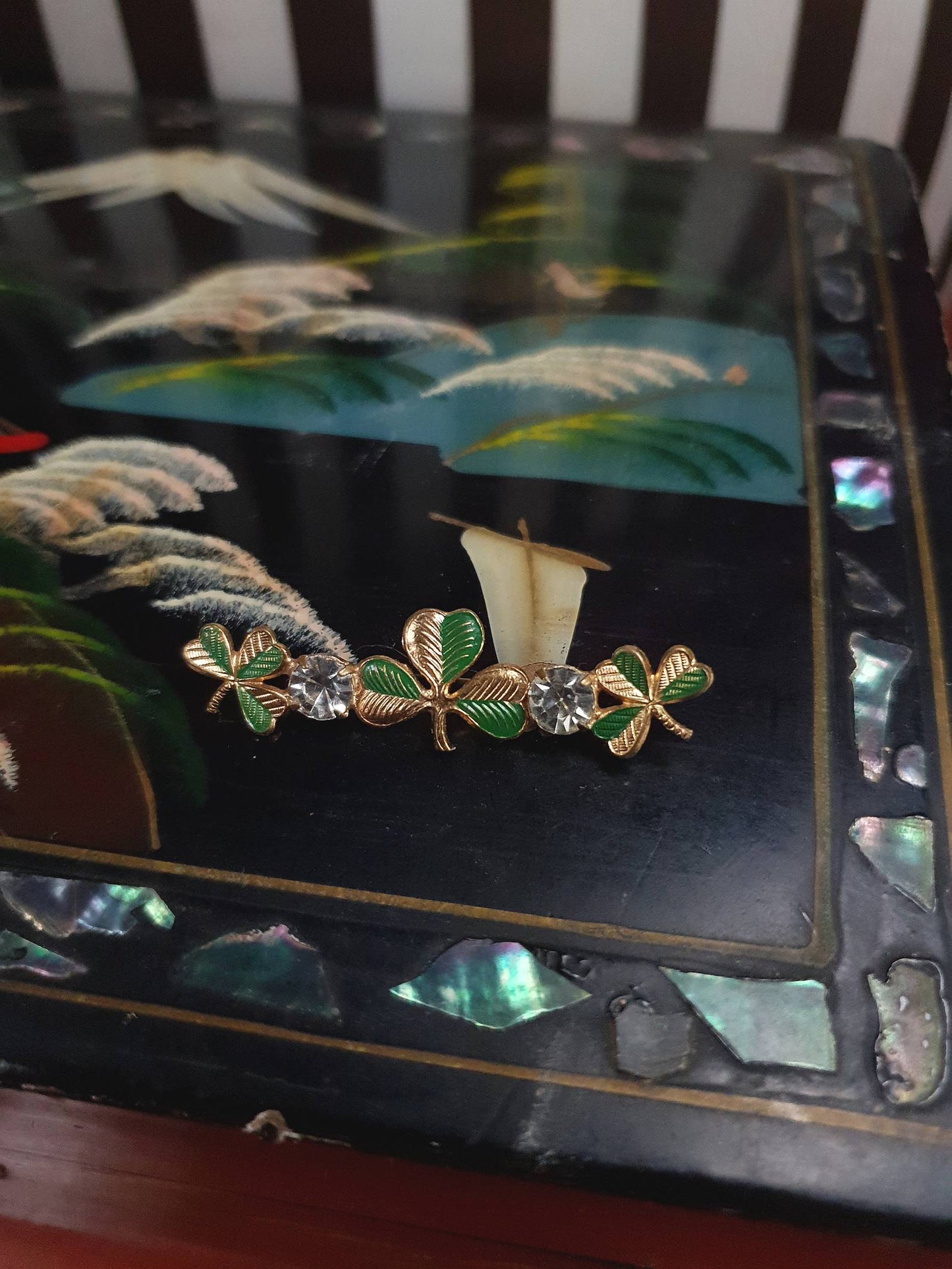 50s Vintage Clover Rhinestone Brooch Czech Shamrock Mid-Century