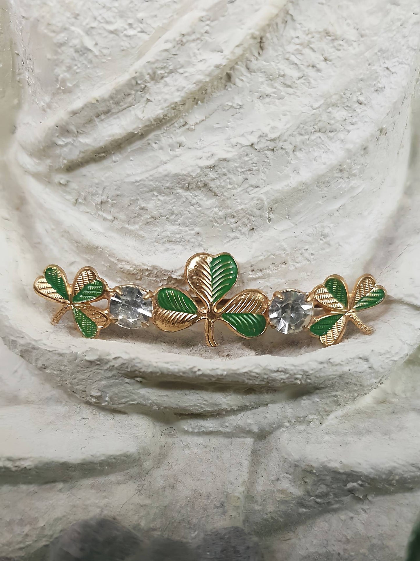 50s Vintage Clover Rhinestone Brooch Czech Shamrock Mid-Century