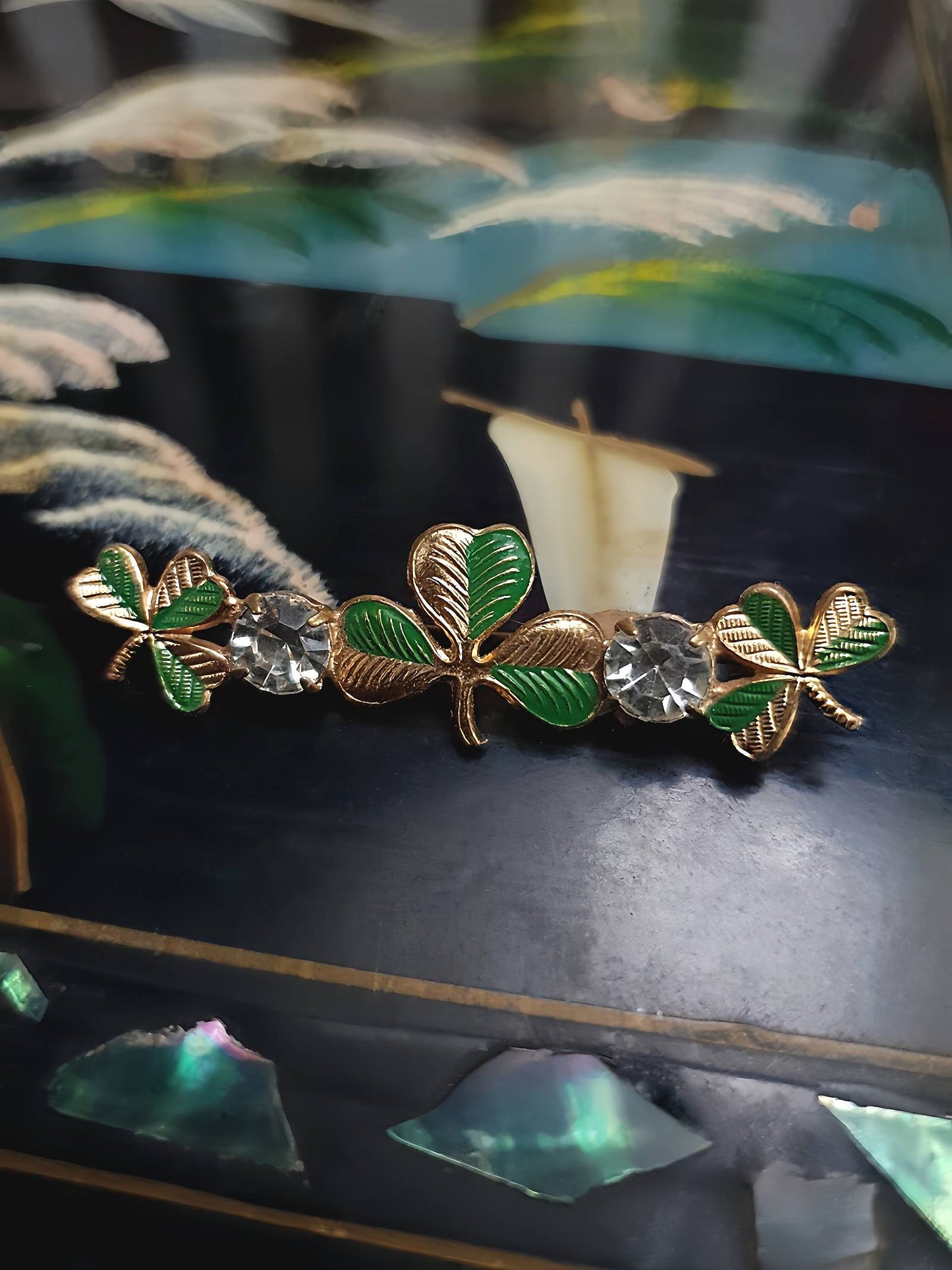 50s Vintage Clover Rhinestone Brooch Czech Shamrock Mid-Century