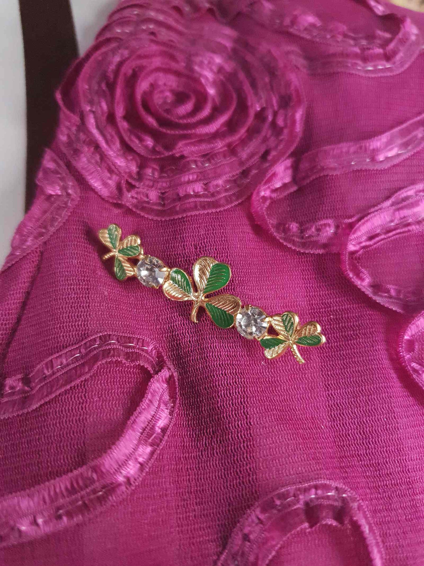 50s Vintage Clover Rhinestone Brooch Czech Shamrock Mid-Century