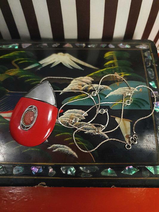 1950s Vintage Red Teardrop Pendant Necklace Lucite Mid-Century Rhinestone MCM