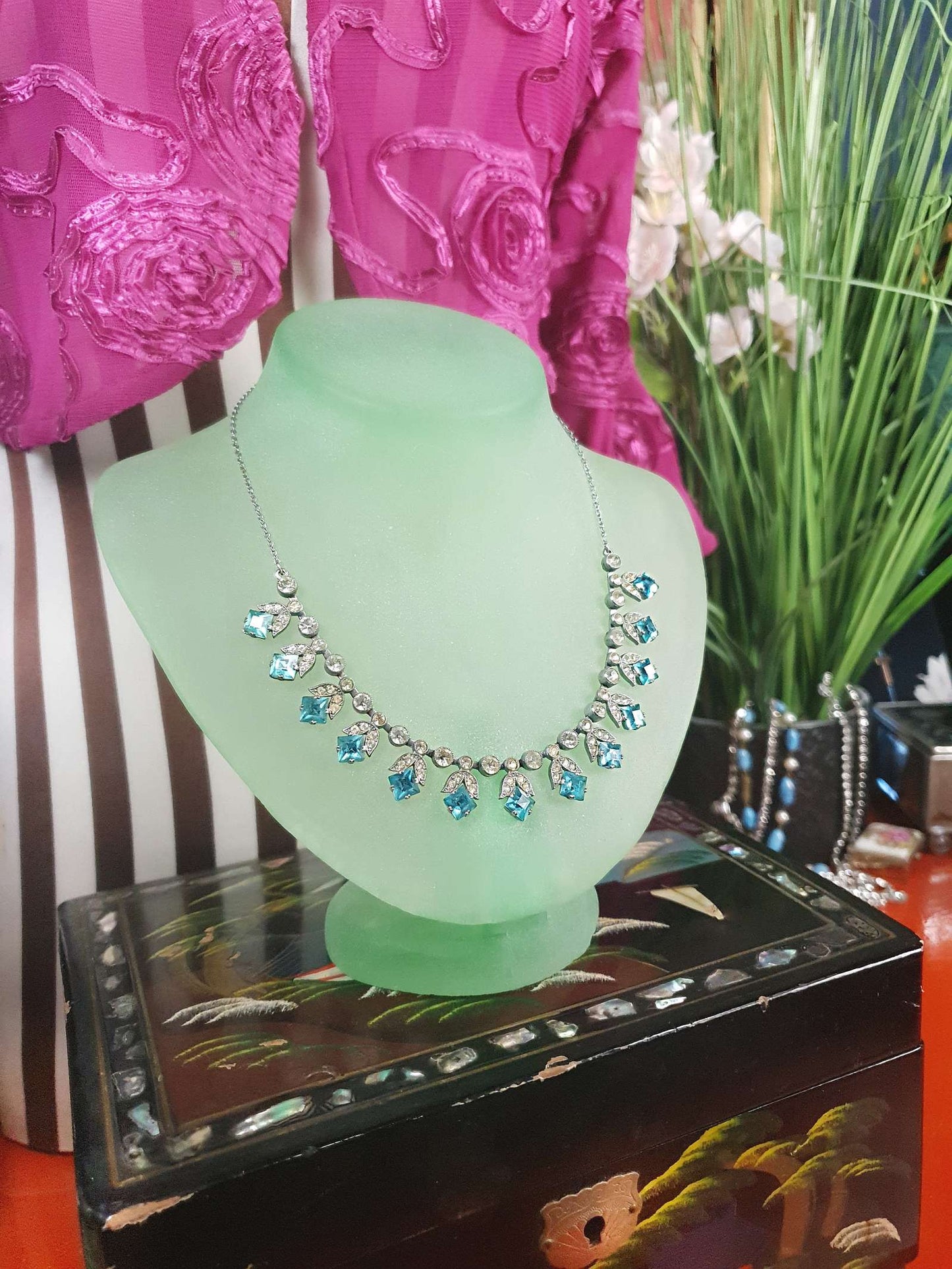 1950s Vintage Blue Rhinestone Necklace Choker 15" Mid-Century