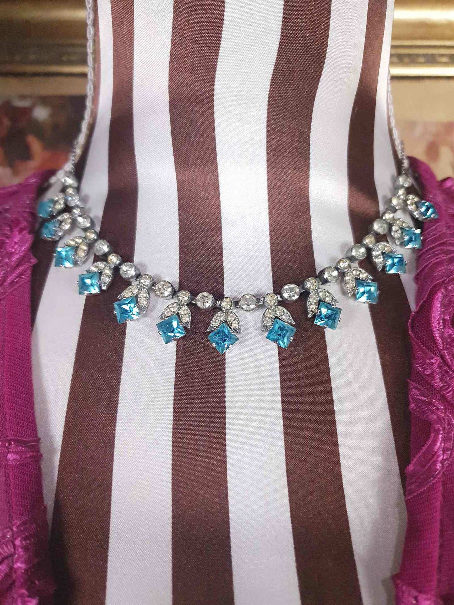 1950s Vintage Blue Rhinestone Necklace Choker 15" Mid-Century