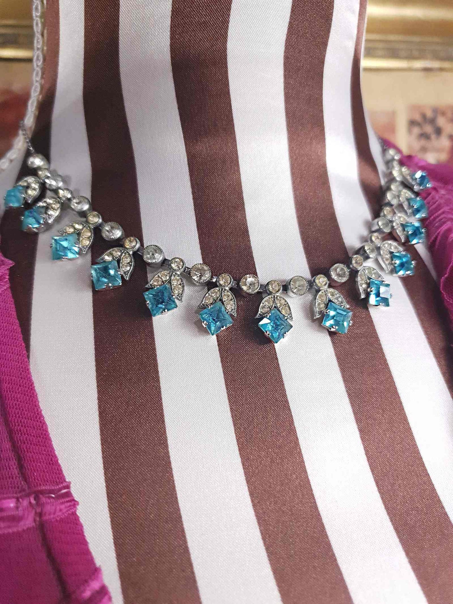1950s Vintage Blue Rhinestone Necklace Choker 15" Mid-Century